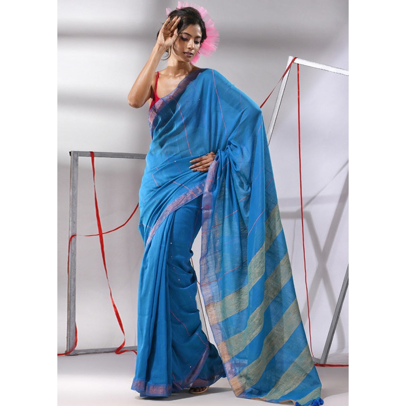 Blue Cotton Saree With Blouse Piece - JD986580205