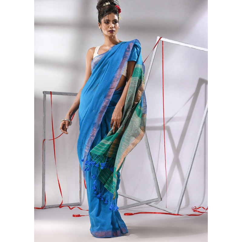 Blue Cotton Saree With Blouse Piece - JD986580206