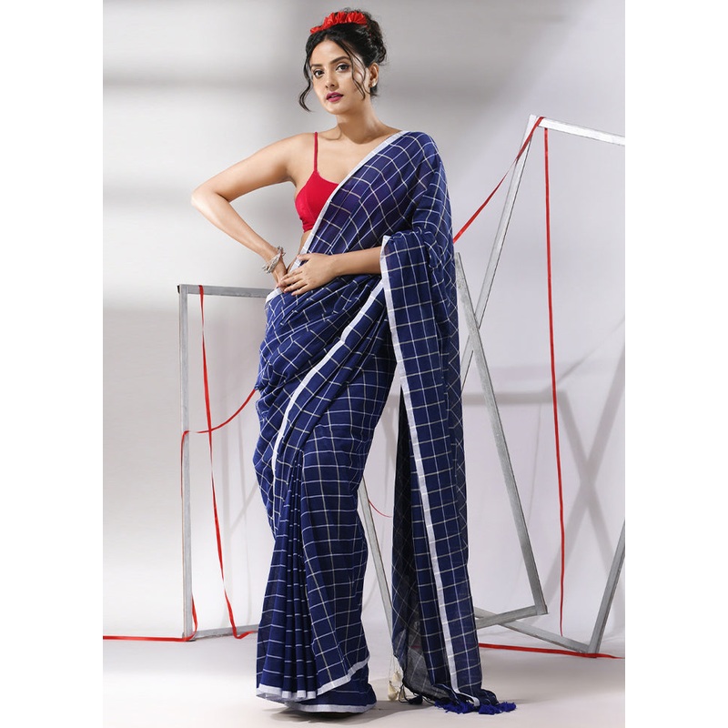 Blue Cotton Saree With Blouse Piece - JD986580334