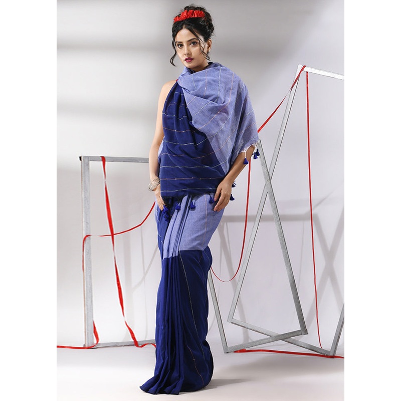 Blue Cotton Saree With Blouse Piece - JD986580335
