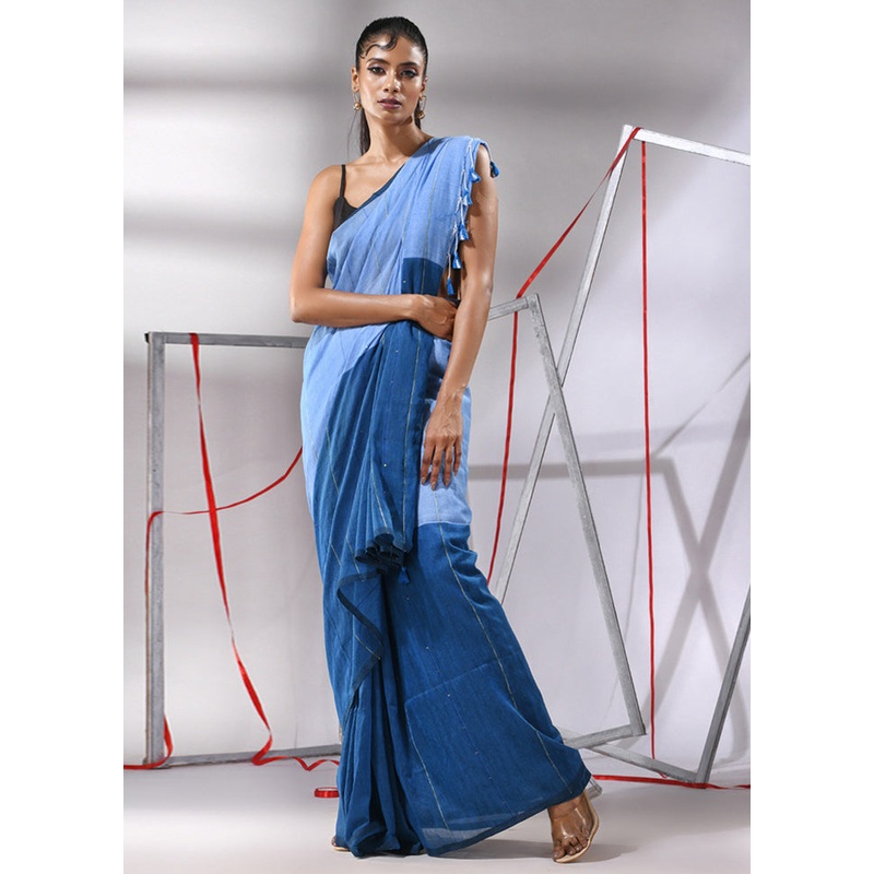 Blue Cotton Saree With Blouse Piece - JD986580336