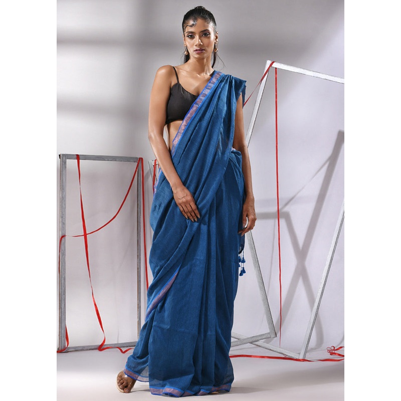 Blue Cotton Saree With Blouse Piece - JD986580337