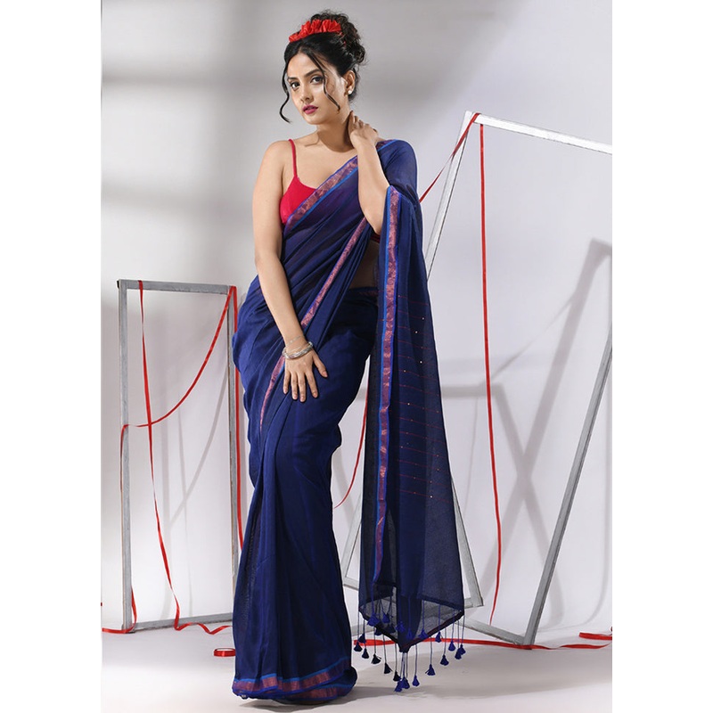 Blue Cotton Saree With Blouse Piece - JD986580338