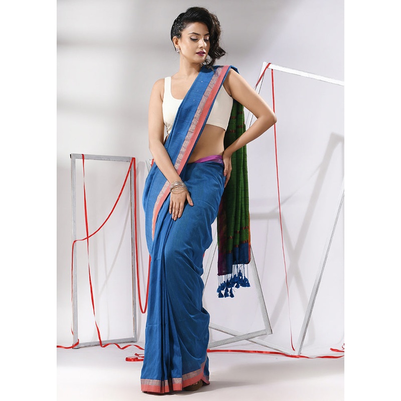 Blue Cotton Saree With Blouse Piece - JD986580339