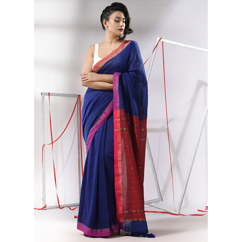 Blue Cotton Saree With Blouse Piece - JD986580340