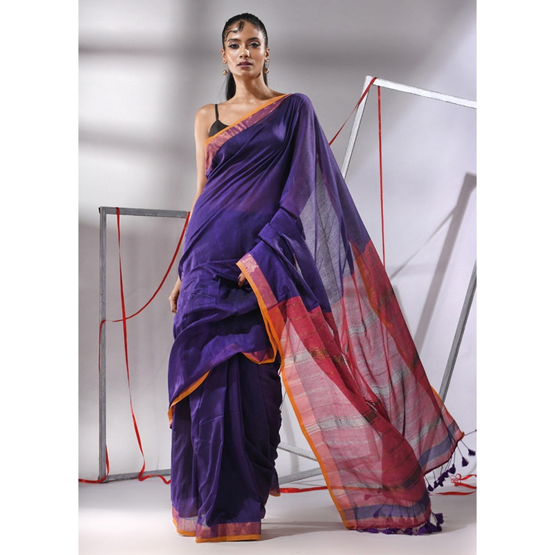 Blue Cotton Saree With Blouse Piece - JD986580341