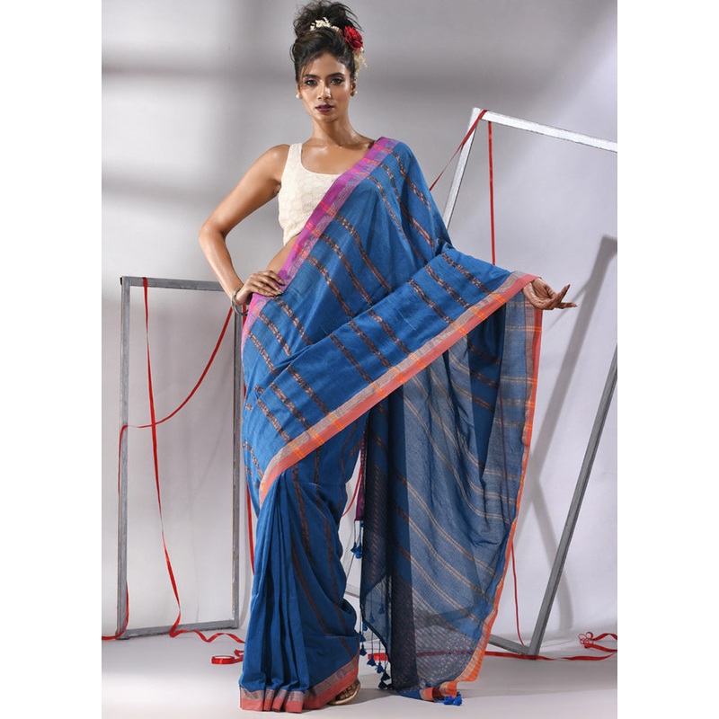 Blue Cotton Saree With Blouse Piece - JD986580342