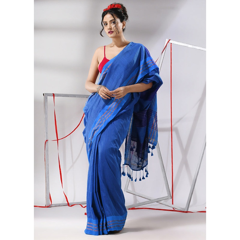 Blue Cotton Saree With Blouse Piece - JD986580343