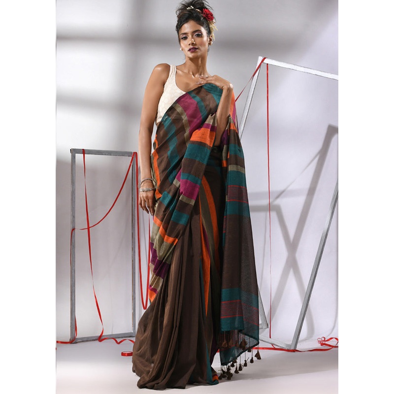 Brown Cotton Saree With Blouse Piece - JD986580204