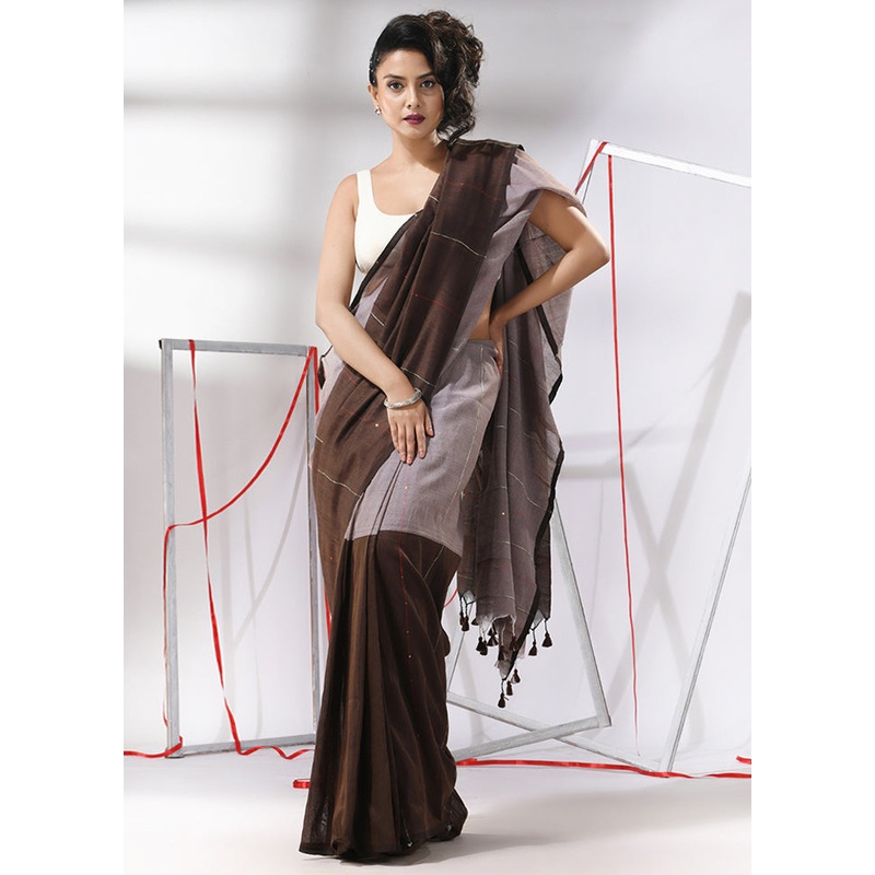 Brown Cotton Saree With Blouse Piece - JD986580331