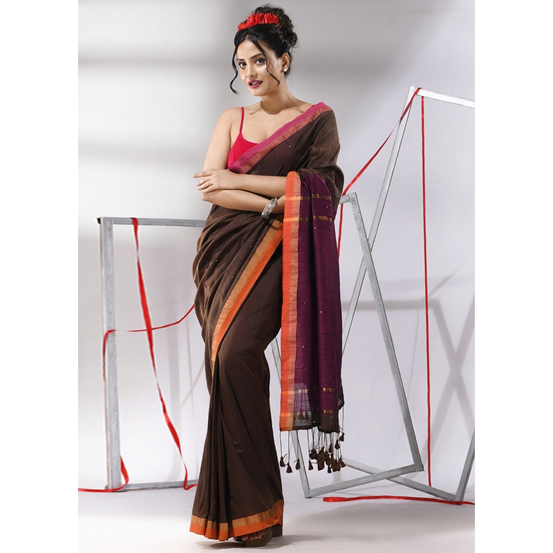 Brown Cotton Saree With Blouse Piece - JD986580332