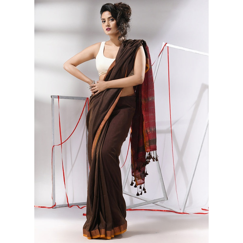 Brown Cotton Saree With Blouse Piece - JD986580333