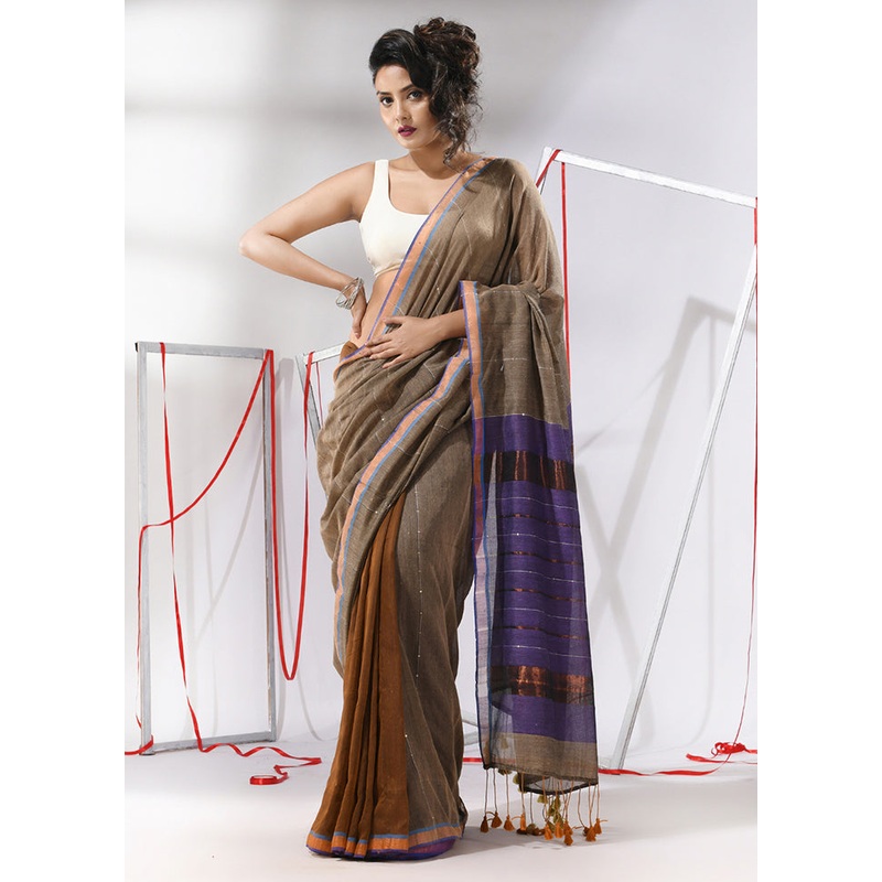 Cream Cotton Saree With Blouse Piece - JD986580326
