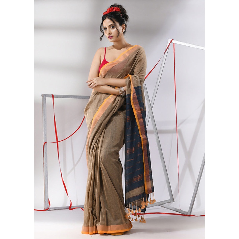 Cream Cotton Saree With Blouse Piece - JD986580327