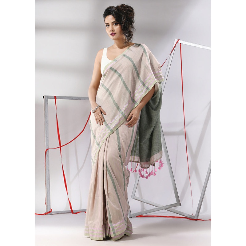Cream Cotton Saree With Blouse Piece - JD986580330