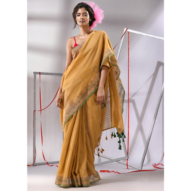 Dark Beige Cotton Saree With Blouse Piece - JD986580203