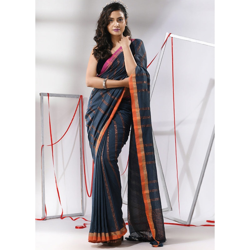 Dark Grey Cotton Saree With Blouse Piece - JD986580324