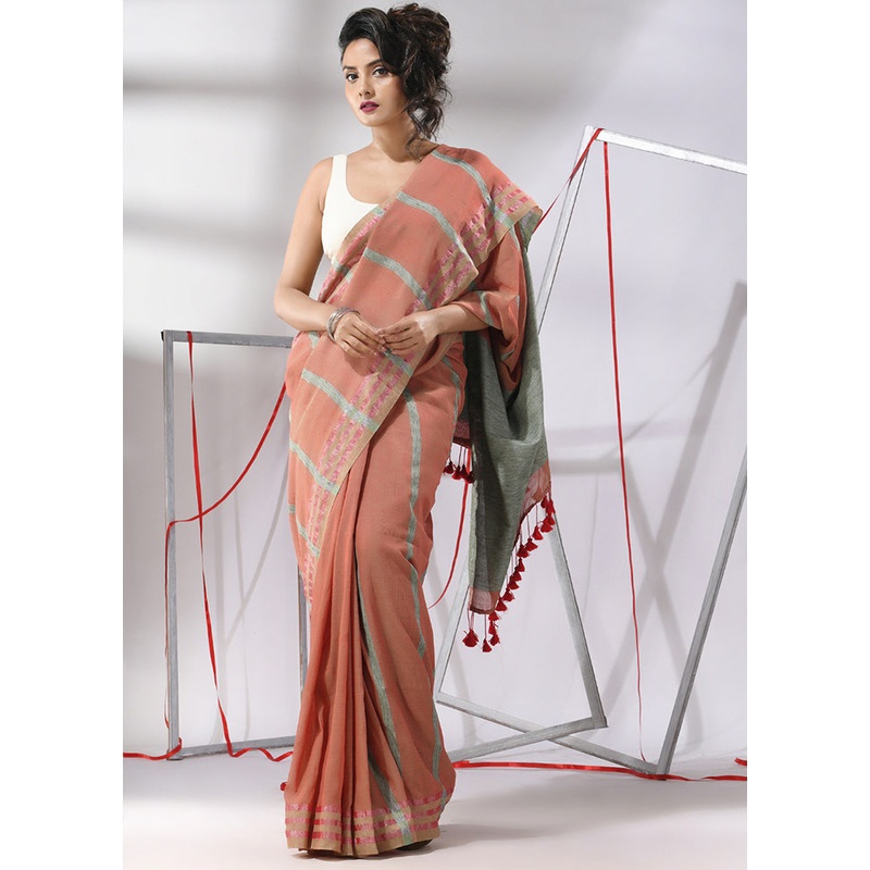 Dark Peach Cotton Saree With Blouse Piece - JD986580323