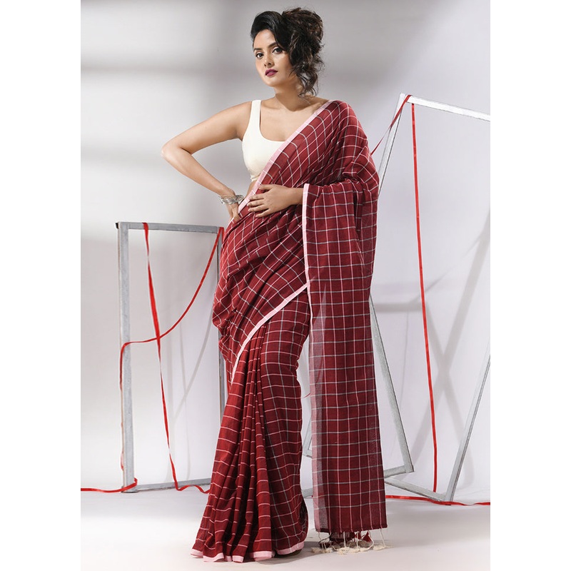 Dark Red Cotton Saree With Blouse Piece - JD986580322