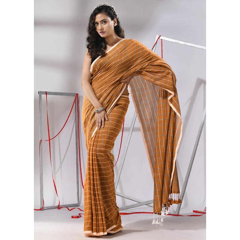 Golden Cotton Saree With Blouse Piece - JD986580321