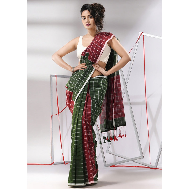 Green Cotton Saree With Blouse Piece - JD986580312