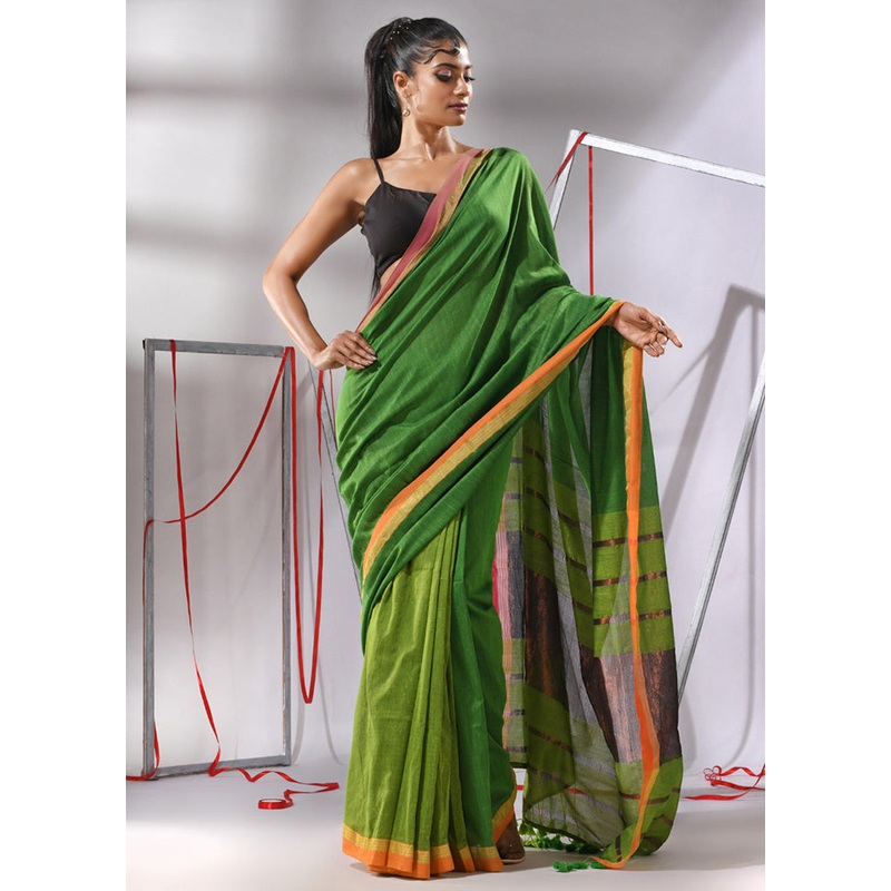 Green Cotton Saree With Blouse Piece - JD986580314