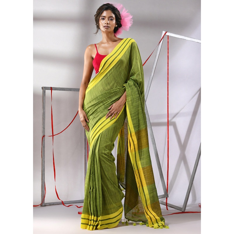 Green Cotton Saree With Blouse Piece - JD986580315