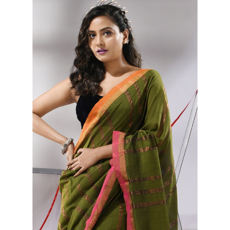 Green Cotton Saree With Blouse Piece - JD986580316