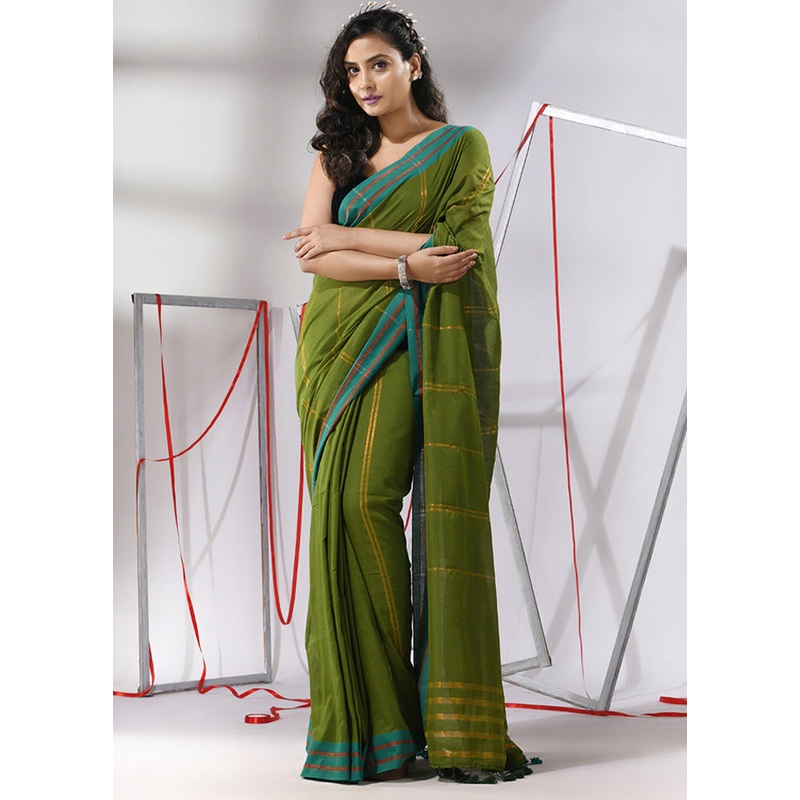 Green Cotton Saree With Blouse Piece - JD986580317