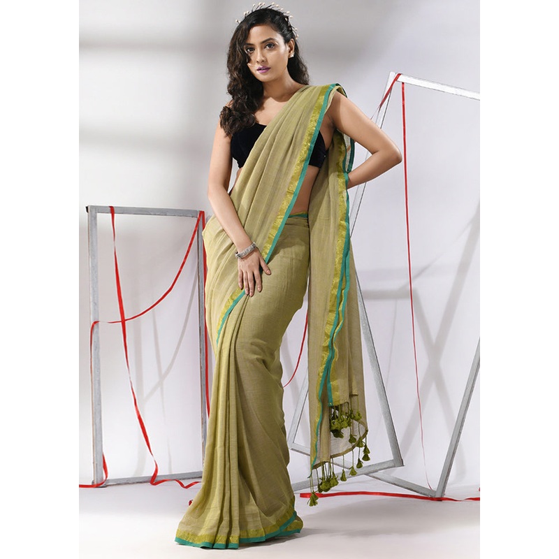 Green Cotton Saree With Blouse Piece - JD986580318