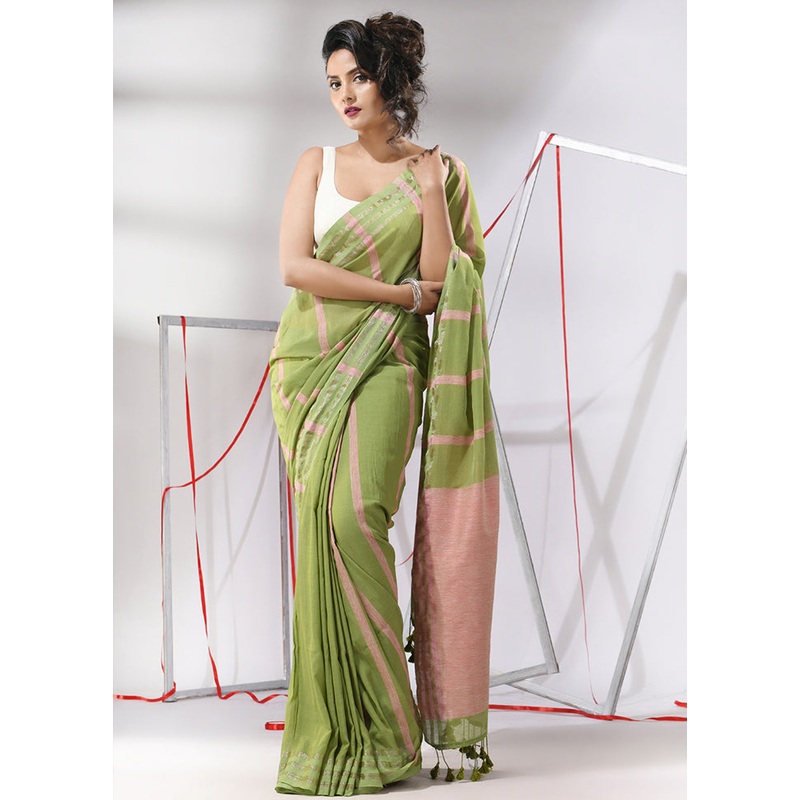 Green Cotton Saree With Blouse Piece - JD986580319