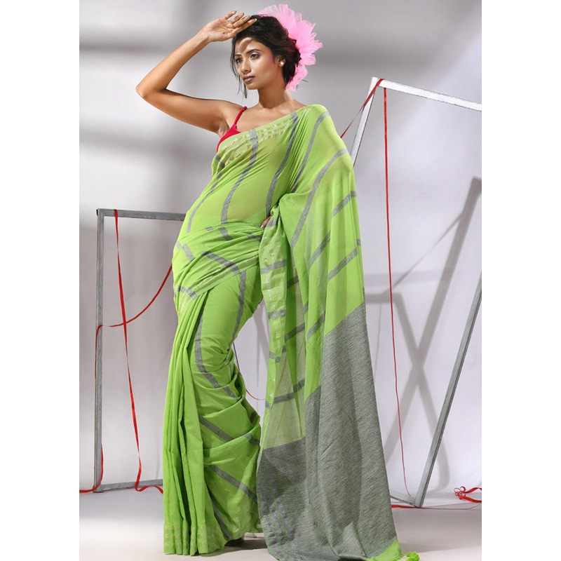 Green Cotton Saree With Blouse Piece - JD986580320