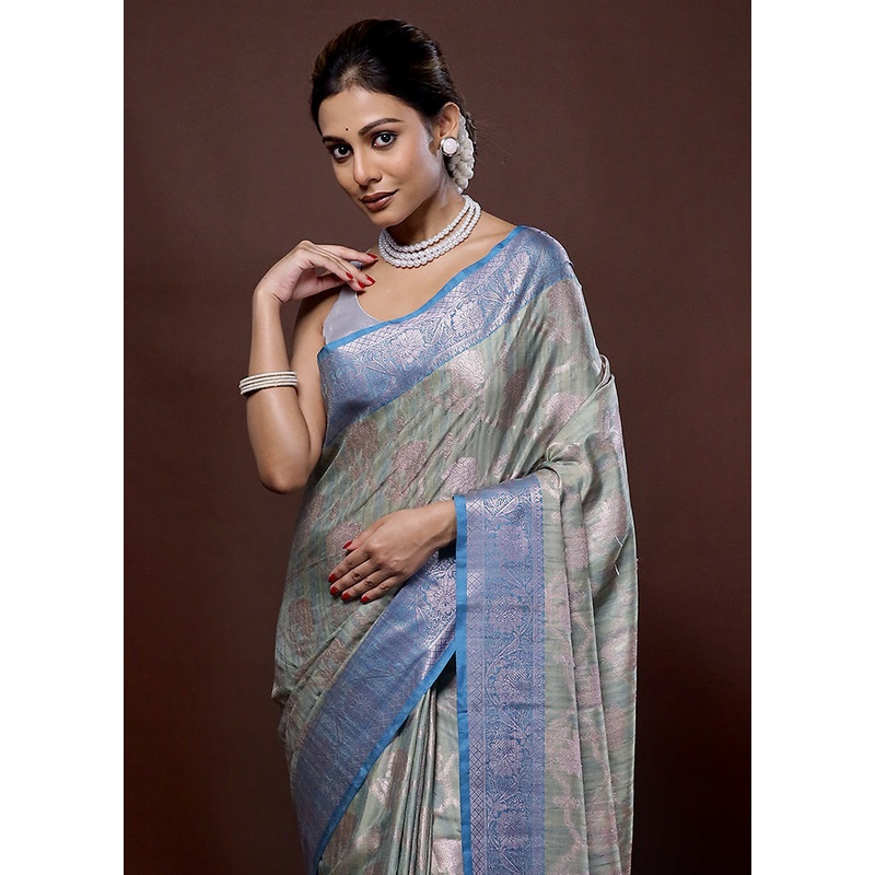 Green Dupion Silk Saree With Blouse Piece - JD986580158