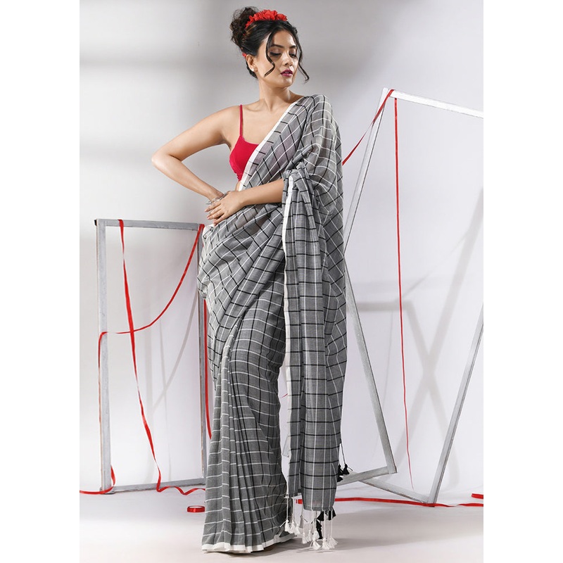 Grey Cotton Saree With Blouse Piece - JD986580304