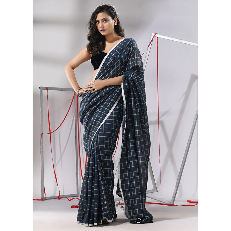 Grey Cotton Saree With Blouse Piece - JD986580305