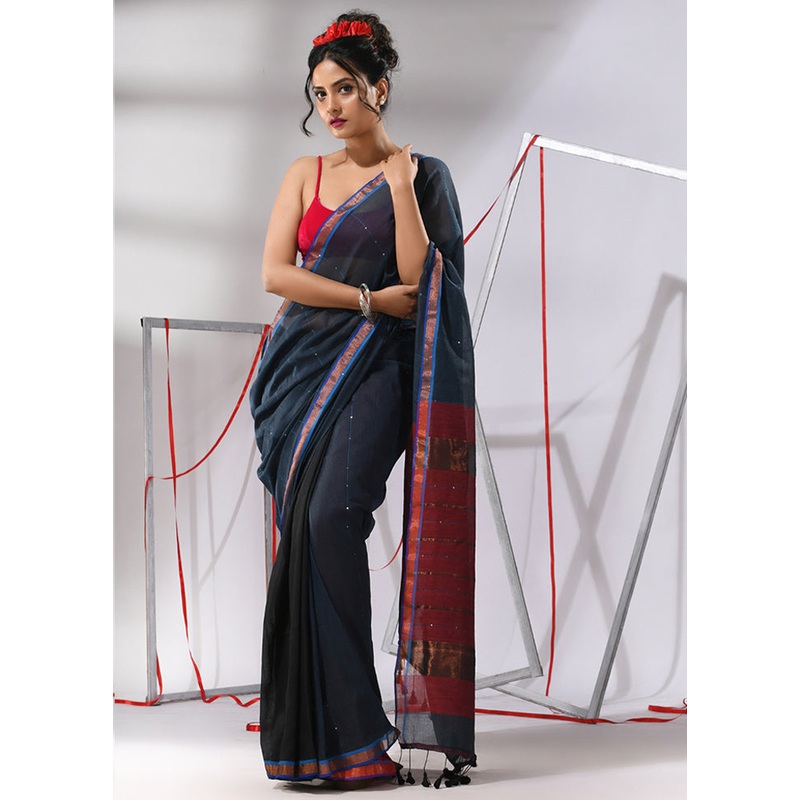 Grey Cotton Saree With Blouse Piece - JD986580306