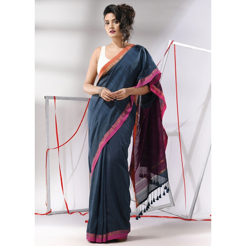Grey Cotton Saree With Blouse Piece - JD986580307