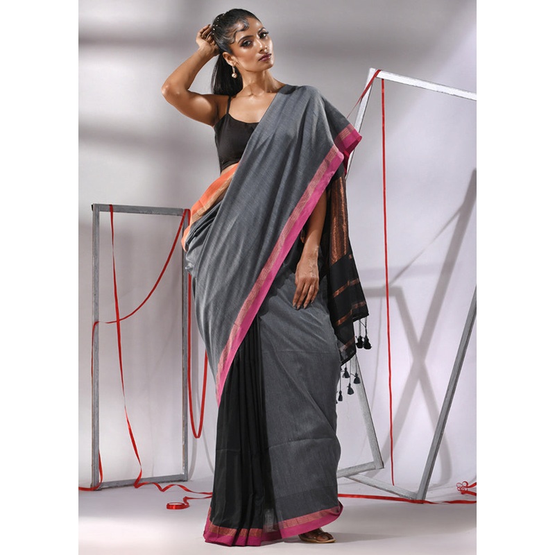 Grey Cotton Saree With Blouse Piece - JD986580308
