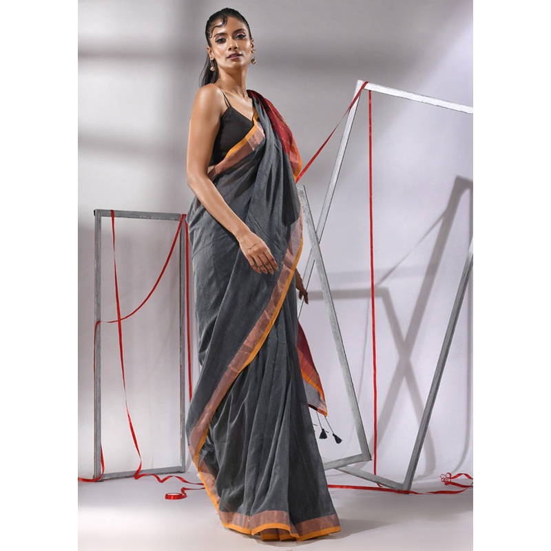 Grey Cotton Saree With Blouse Piece - JD986580309