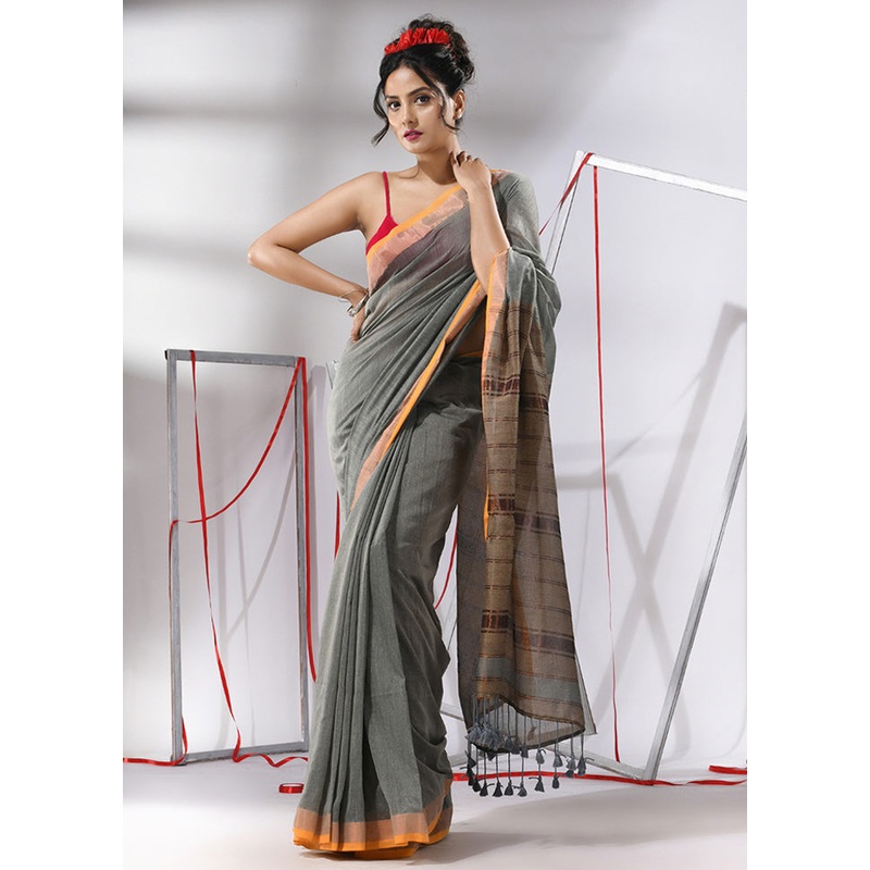 Grey Cotton Saree With Blouse Piece - JD986580310