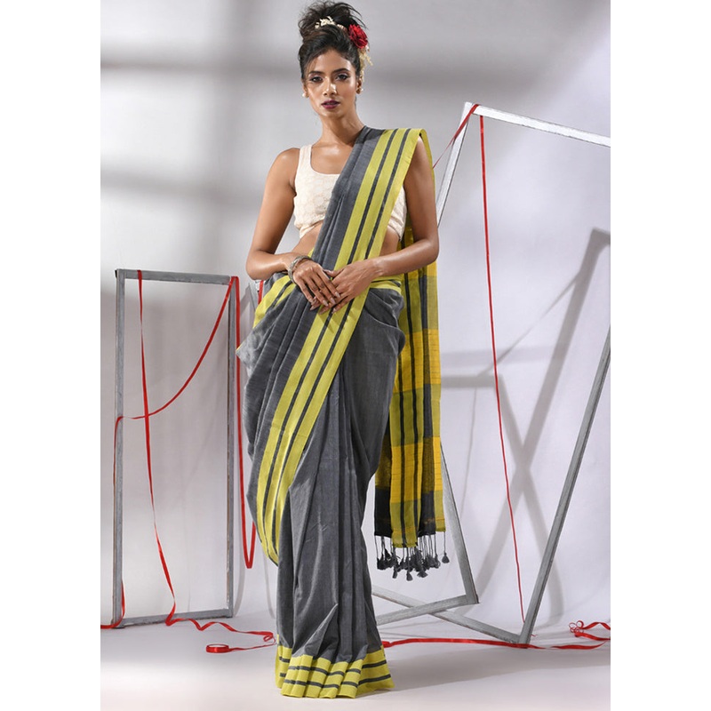 Grey Cotton Saree With Blouse Piece - JD986580311