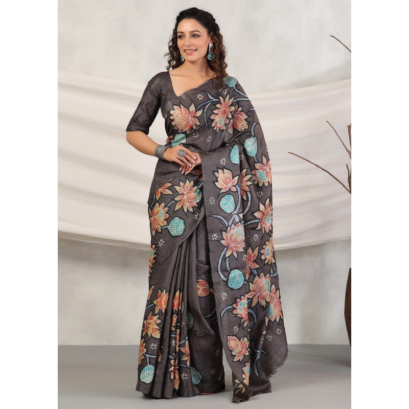 Grey Tussar Saree With Blouse Piece - JD986580160