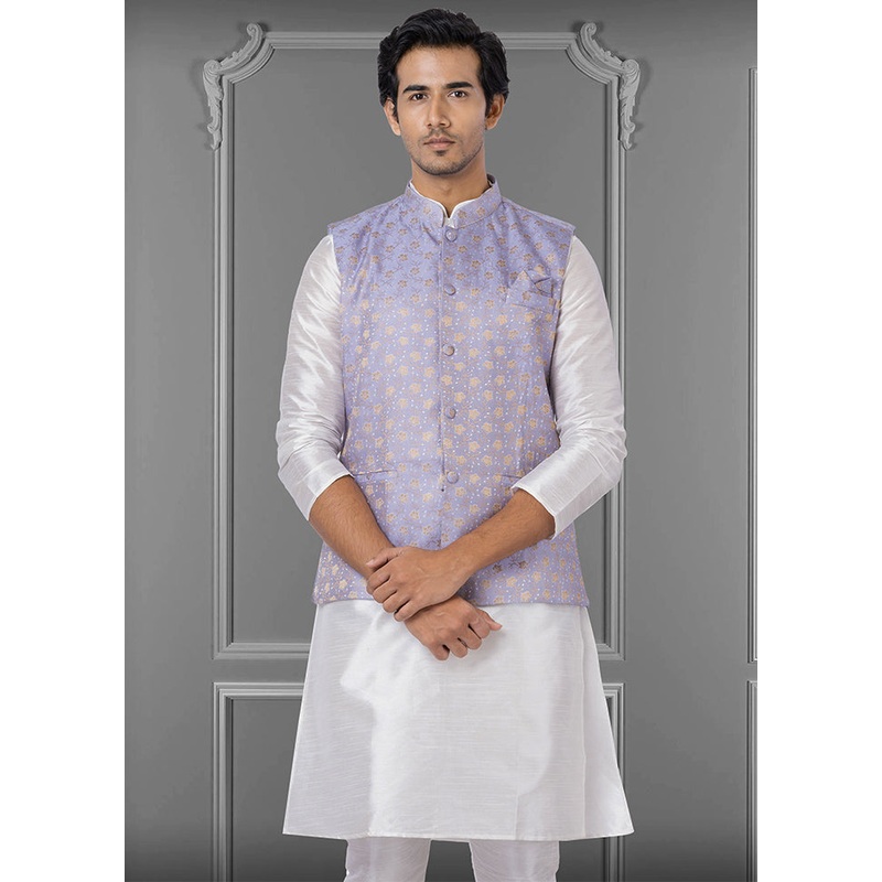 Multicolor Dupion Silk Full Sleeves Mandarin Collar Waistcoat - JD986580171