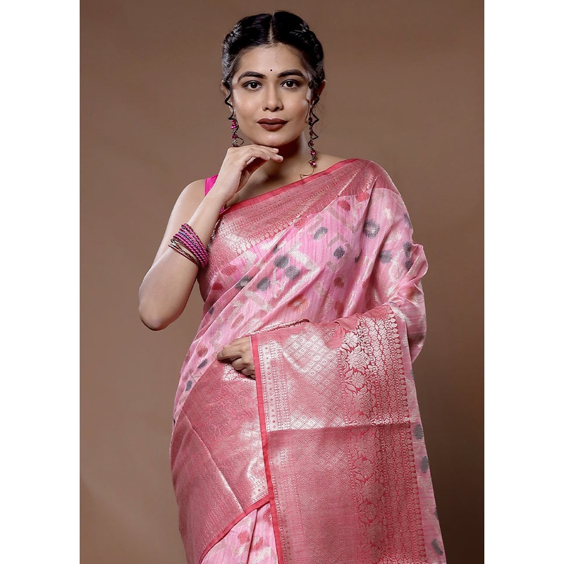 Pink Kora Silk Saree With Blouse Piece - JD986580251