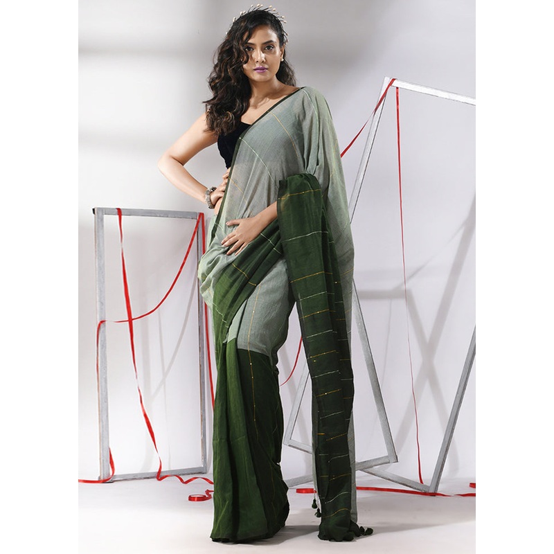 Sage Green Cotton Saree With Blouse Piece - JD986580278