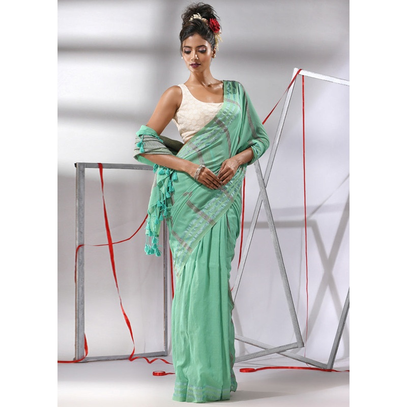 Sea Green Cotton Saree With Blouse Piece - JD986580277