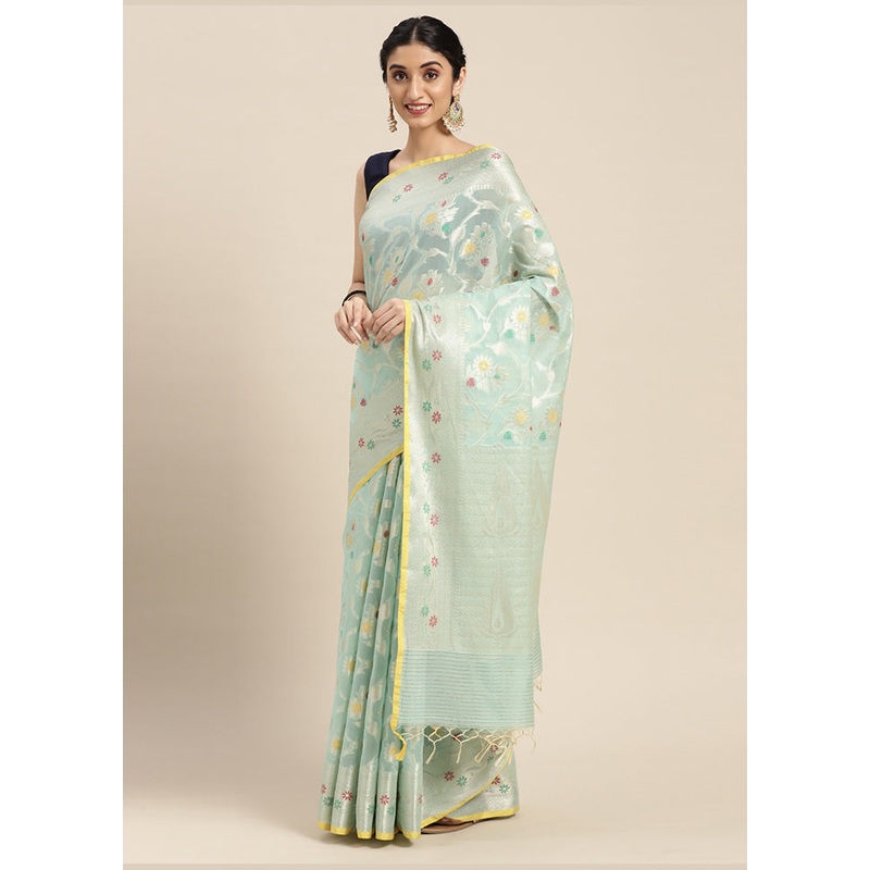 Sea Green Cotton Zari Saree Without Blouse Piece - JD986580167