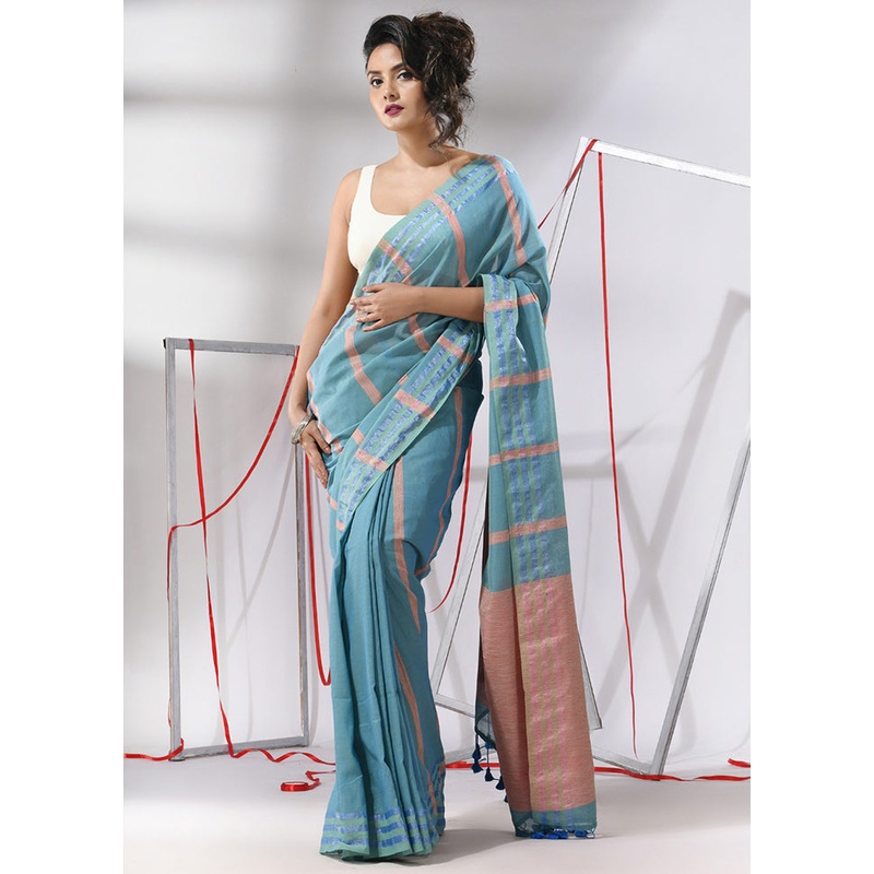 Sky Blue Cotton Saree With Blouse Piece - JD986580276