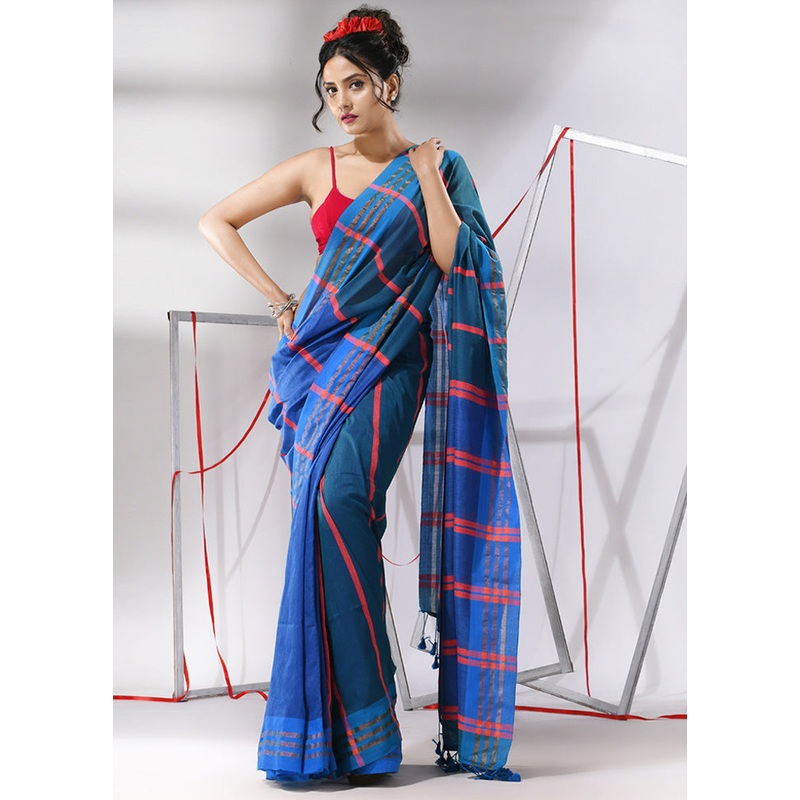 Teal Blue Cotton Saree With Blouse Piece - JD986580275