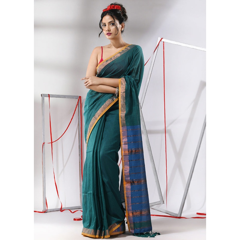 Teal Cotton Saree With Blouse Piece - JD986580181